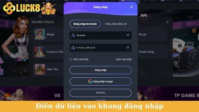 Điền dữ liệu vào khung đăng nhập