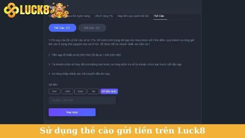 Sử dụng thẻ cào gửi tiền trên Luck8